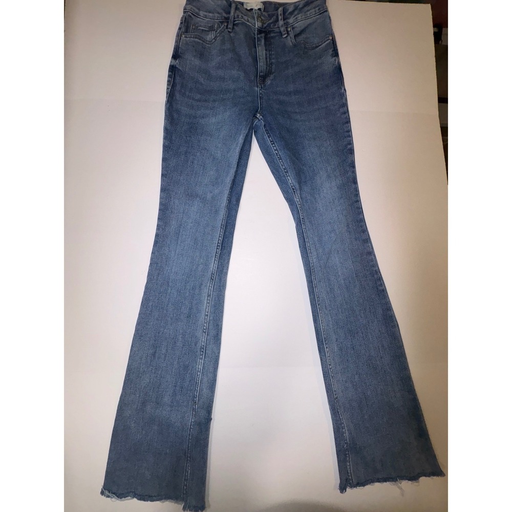 Cleo Wolf High Rise Bootcut Jeans Blue Distressed Cuffed Hem Size 26W 34L - Picture 4 of 9